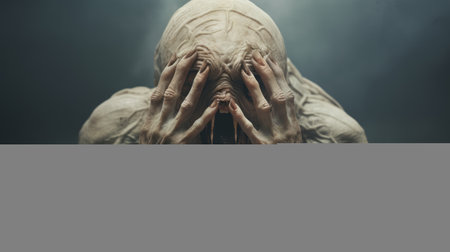 the photo features a khaki old creature in shock, with hands on top of its head. the image is in the style of hyper-realistic sci-fi, with white text overlay. it is created by alessio albi using bryce 3d, with minimal retouching. the photo has a grainy texture and showcases bold and dynamic lines, giving it a tenebrous atmosphere. andrew ferez is also associated with thisの素材
