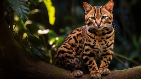 bengal cat perched on a branch in a dark forest, showcasing smooth and polished fur. this 32k uhd photograph, reminiscent of charles spencelayh's artistry, captures the cat's bold patterns in light brown and emerald hues. the image, reminiscent of an oscar niemeyer masterpiece, could easily grace the pages of national geographic. ai generatedの素材