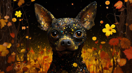 a chihuahua dog stands amidst a vibrant yellow autumn leaves background, portrayed in a futuristic digital art style. the image showcases a captivating blend of dark black and bronze tones, with a pattern explosion adding a touch of intrigue. combining realistic and fantastical elements, this artwork exudes a playful and whimsical vibe, characterized by hyper-realistic pop aesthetics and a touch of sparklecore. ai generatedの素材