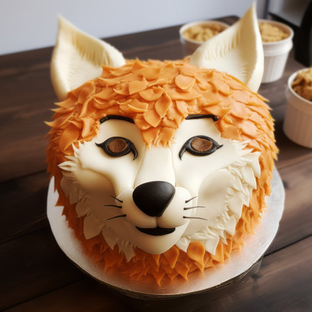 a fox cake design inspired by tiffany byry, featuring the style of the panasonic lumix s pro 50mm f14 lens. this design showcases texture exploration and offers realistic and hyper-detailed renderings. the fox cake has a strong facial expression and incorporates bold brushwork. created using werksttte and unreal engine 5. ai generatedの素材