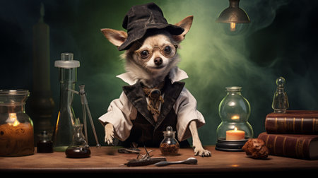 a dog wearing a hat and glasses stands beside a dark table, showcasing a unique blend of styles inspired by goblin academia, tom chambers, science academia, and maruja mallo. the detailed costumes and clever wit of this canine character are evident, creating a calculated and intriguing visual. ai generatedの素材
