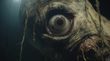 creature with eye and open mouth in a scary scene | natural color grading, gritty desaturated tones | sense of mystery, unknown | wide perspective, studio lighting for gritty horror film look | cinematic visual style by christopher nolan | horror creature, eye, open mouth, scary scene, natural color grading, gritty, desaturated tones, mystery, unknown, wide perspective, studio lighting, cinematic visual style, christopher nolan. aiの素材
