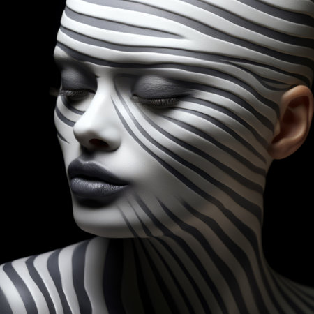 a female model, adorned with zebra stripes, showcases a striking portrait in the style of adam martinakis. her face is partially covered by long, curly hair, adding an intriguing element to the image. this matte, uhd photograph captures the expertise of the object portraiture specialist, with smooth and curved lines accentuating the robotic motifs. the monochromatic intensity further enhances the visual impact of this captivatingの素材