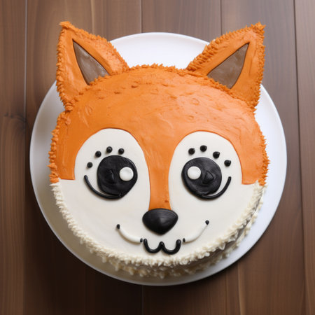 a white plate showcases a vibrant orange and brown fox cake, reminiscent of pop art aesthetics. the matte photo captures the lively facial expressions of the cake, while the wood and detailed background elements add depth. the color palette features light orange and light navy tones, creating a visually appealing composition. this photo can be found on flickr. ai generatedの素材