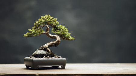 a small bonsai tree stands gracefully on a dark background, showcasing its unique and one-of-a-kind beauty. influenced by precisionism and transcendentalist themes, this exquisite piece captures the essence of tumblewave and green academia. with hints of gray and amber, it also pays homage to chinese cultural themes. ai generatedの素材