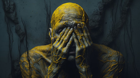 yellow old creature in shock: a hyper-realistic sci-fi image by alessio albi and bryce 3d. the yellow creature, with hands on top of its head, displays a strong emotion. the white text adds a bold touch to the minimal retouching, grainy, and tenebrous atmosphere. andrew ferez's dynamic lines enhance the overall impact of this striking composition. ai generatedの素材