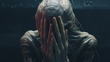 the photo features a navy old creature in shock, with hands on top of its head. the image is accompanied by white text and is created in the style of hyper-realistic sci-fi. the photo is captured by alessio albi and utilizes techniques like bryce 3d, minimal retouching, and grainy texture. the composition is characterized by tenebrous atmosphere and bold, dynamic lines, as seen in theの素材