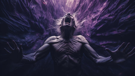 the photo features a purple old creature in shock, with hands on top of its head. the image is accompanied by white text and is created in the hyper-realistic sci-fi style. it is a composition by alessio albi, using bryce 3d software with minimal retouching. the photo has a grainy texture, tenebrous atmosphere, and bold, dynamic lines, reminiscent of the work of andrew ferez. aiの素材