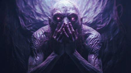 the photo features a purple old creature in shock, with hands on top of its head. the image is accompanied by white text and is created in the hyper-realistic sci-fi style. the photo is a combination of techniques by alessio albi and bryce 3d, with minimal retouching. it has a grainy and tenebrous appearance, characterized by bold and dynamic lines, similar to the work ofの素材