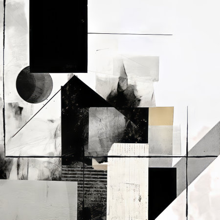 abstract black and white painting with a collage-style mixed media approach. the composition features geometric shapes and objects juxtaposed in a muted palette. inspired by bauhaus photography, the artwork incorporates ink wash and digital art techniques, creating a visually striking piece on a white background. ai generatedの素材