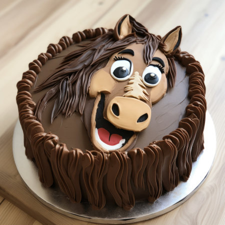 a horse-shaped cake with caricature faces, created with detailed texture and photorealistic renderings using vray tracing. this uhd image showcases the artistic style of steve henderson and the craftsmanship of patrick dougherty. ai generatedの素材