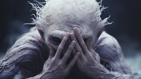 the photo features a lavender old creature in shock, with hands on top of its head. the image is accompanied by white text and is created in the hyper-realistic sci-fi style, reminiscent of artists alessio albi and bryce 3d. the photo has minimal retouching, a grainy texture, and showcases bold and dynamic lines, giving it a tenebrous atmosphere. created by andrew ferez. ai generatedの素材