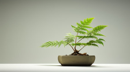 a single fern plant sits in an empty pot on a table, showcasing a japanese-inspired imagery. the organic sculpting of the plant adds a touch of elegance to the green and gray color palette. this associated press photo captures the essence of nature and tranquility. it is a perfect representation of kimoicore, engineeringconstruction and design, and reefwave. ai generatedの素材