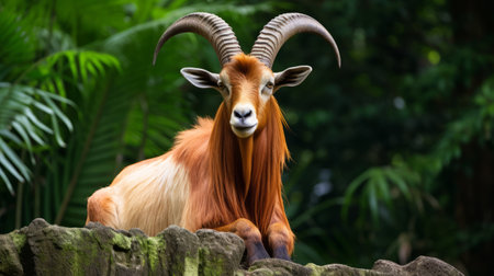 an odontocete antelope, with lively facial expressions, is captured in this national geographic photo. the antelope is seen lying on top of a rock, showcasing its vibrant orange and maroon colors. the image is influenced by afro-caribbean style and incorporates elements of confucian ideology, as well as mythological references, creating a visually striking composition with a sense of self-similarity. ai generatedの素材