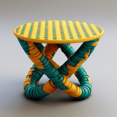 a unique round furniture piece with a twist, featuring a dark yellow and dark cyan color scheme. this visually captivating item showcases twisted tangles and utilizes physically based rendering for a realistic effect. the dot-painted colors and optical blending add an artistic touch, while the frequent use of diagonals creates an interesting visual dynamic. with toy-like proportions and simple designs, this furniture piece stands outの素材