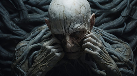 gray old creature in shock, hands on top of head, depicted in a hyper-realistic sci-fi style. the image features white text and is created by alessio albi using bryce 3d software. minimal retouching was done, resulting in a grainy and tenebrous aesthetic. the bold and dynamic lines add to the overall impact of the composition. created by andrew ferez. ai generatedの素材