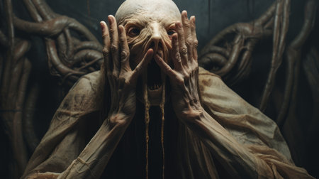 the photo features a beige old creature in shock, with hands on top of its head. the image is accompanied by white text and is created in the style of hyper-realistic sci-fi. the photo is a combination of techniques by alessio albi and bryce 3d, with minimal retouching. it has a grainy and tenebrous appearance, with bold and dynamic lines, reminiscent of the work ofの素材