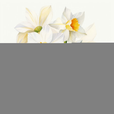 white daffodils watercolor brushstrokes artwork isolated on white background, in the style of hyper-realistic animal illustrations, intricate still lifes, flat shading, meticulously detailed still life, elegant, emotive faces, traditional british landscapes, contest winner. ai generatedの素材