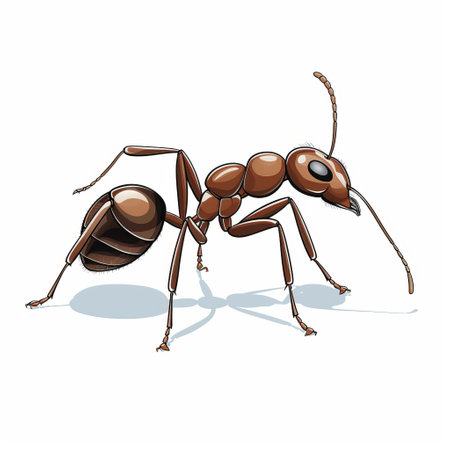 an ant, with its stingers visible, is captured in a detailed character illustration style on a white background. the color palette consists of dark bronze and brown tones, creating a visually striking image. the use of a fisheye lens adds a unique perspective, while the medium of tempera brings depth and texture. the ant is depicted in pensive poses, reminiscent of an architectural illustrator's work,の素材