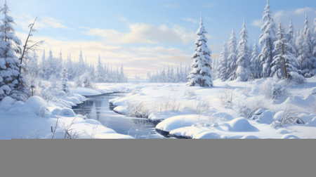 a winter scene featuring a river surrounded by snow-covered trees, captured in the hyperrealistic style of illustrations. the image showcases the beauty of nature with its romanticized depictions of the wilderness. the rtx technology enhances the crisp and clean details, making it resemble a storybook illustration. this photo-realistic landscape is a stunning visual representation of winter's serene charm. ai generatedの素材