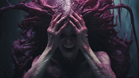 a dark and powerful portrait captured in high definition. this black and white wallpaper features layered gestures in the style of dark magenta and light magenta. the image showcases lovecraftian elements with a touch of dark pink and indigo. the use of the canon ts-e 17mm f4l tilt-shift lens adds depth to the sculpted and emotive art. ai generatedの素材