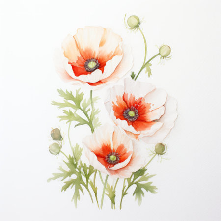a watercolor painting by yukimasa ida featuring delicate paper cutout-style red and white poppies. the charming illustrations showcase light orange and green hues, with meticulous design and delicate modeling. the artist's use of delicate materials creates a stunning and intricate composition. ai generatedの素材