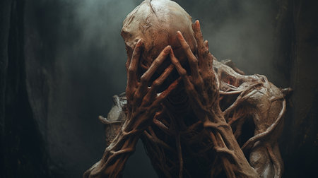 a rusted old creature in shock, with hands on top of its head, is depicted in this hyper-realistic sci-fi style photo by alessio albi. the white text adds a striking contrast to the image, while minimal retouching and grainy texture create a tenebrous atmosphere. the bold and dynamic lines, reminiscent of bryce 3d, enhance the overall impact of the photo, which is the work ofの素材