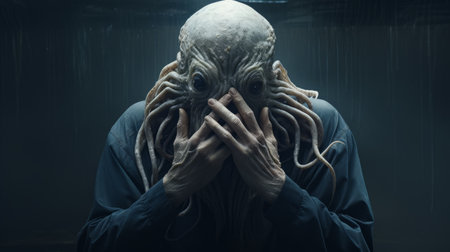 the photo features a navy old creature in shock, with hands on top of its head. the image is in the style of hyper-realistic sci-fi, created by alessio albi using bryce 3d software. the photo has minimal retouching, giving it a grainy and tenebrous appearance. the bold and dynamic lines add to the overall impact of the image, which was captured by andrew ferez. aiの素材