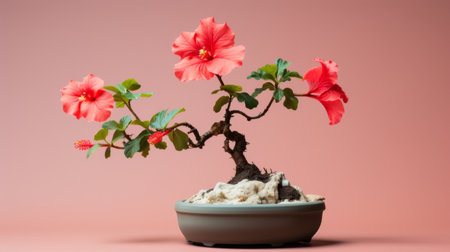 hibiscus flowers in a pot, showcased against a vibrant pink background, draw inspiration from ancient chinese art. the composition features elements like magewave, earth tones, and miniature sculptures, creating a balanced asymmetry. the light red and light gray hues create a striking contrast, resulting in visually captivating and contrast-focused photos. ai generatedの素材
