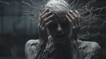 the photo features a gray old creature in shock, with hands on top of its head. the image is in the style of hyper-realistic sci-fi, created by alessio albi using bryce 3d software. the photo has minimal retouching, giving it a grainy and tenebrous appearance. the bold and dynamic lines add to the overall impact of the image, created by andrew ferez. ai generatedの素材