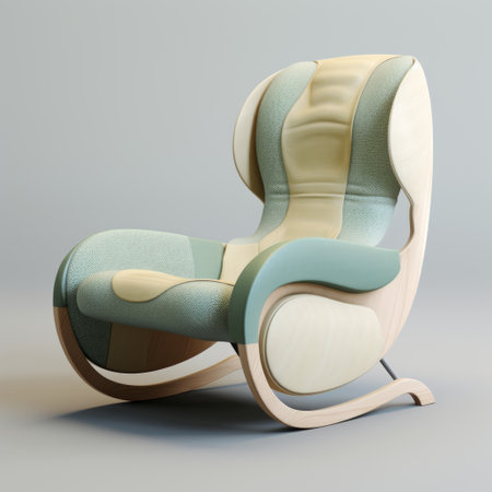 a 3d model of a retro-futuristic chair featuring a seat, back, and arms. the chair is designed in a biomorphic style with light teal and light beige colors. it showcases a colorful moebius pattern on a leatherhide material, complemented by varying wood grains. the design also incorporates influences from zen buddhism. ai generatedの素材