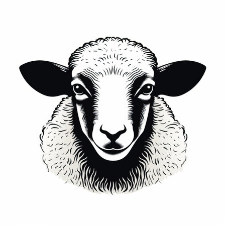 a sheep's head, reminiscent of shepard fairey's style, is depicted on a white background. the artwork showcases a blend of dark white and black tones, drawing inspiration from the works of cicely mary barker, dan witz, and graphic illustrations. the illustration stands out with its distinctive character design. ai generatedの素材