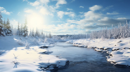 a stunning 4k hd wallpaper featuring a river flowing through a snowy forest landscape. this captivating photo, created in the style of daz3d, showcases a light sky-blue and white color palette. the atmospheric imagery by erik johansson captures the frozen movement of the river, reminiscent of whistlerian art. this associated press photo is a breathtaking depiction of a serene winter scene. ai generatedの素材