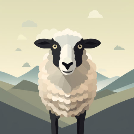 cartoon sheep image for website or app featuring realistic landscapes with soft, tonal colors, bold geometry, mountainous vistas, balanced proportions, light black and beige tones. this image captures the essence of traditional british landscapes and can be used for bold posters. ai generatedの素材