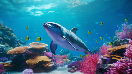 a dolphin swimming amidst a vibrant coral reef teeming with marine life, accompanied by a skink perched on a rock. this captivating wide-angle shot showcases the breathtaking beauty and diversity of the underwater world. the image is in 8k resolution, providing a lifelike and immersive viewing experience. ai generatedの素材