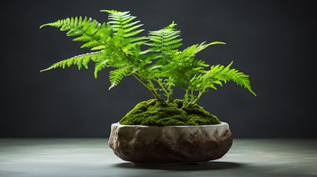 a green plant in a wooden pot, showcasing organic formations, is captured in this photo. the black background enhances the visual appeal. the low resolution adds a unique touch to the image, while the organic stone carvings create an intriguing forestpunk vibe. this tabletop photography showcases innovating techniques. ai generatedの素材