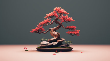 bonsai tree art on wall, rendered in cinema4d by nidimani. this psd and png file features a classic still life composition inspired by miki asai's work. the artwork showcases smooth and curved lines, with a color palette of light red and dark amber. created in the style of carl kleiner, the piece exudes a sense of elegance with its light gray and crimson tones. aiの素材