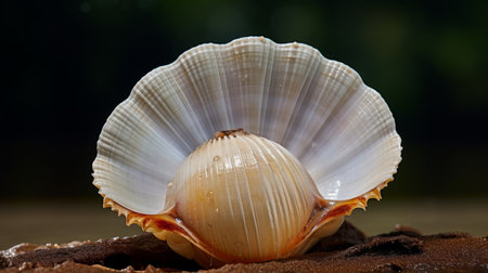 oddlooking shell in the dirt, featuring a closeup view with a unique combination of light amber and white colors. captured using the zeiss batis 18mm f/2.8 lens, this photo showcases the artistic influences of santiago calatrava, cicely mary barker, baroque maritime aesthetics, wiesaw wakuski, and traditional vietnamese elements. ai generatedの素材