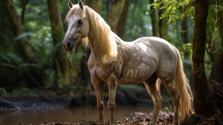a brown and white horse stands gracefully near the water in the woods, showcasing intricate body-painting in light gold and gray. this stunning image captures the essence of environmental activism and is inspired by chicano art. shot with a rollei prego 90 camera, this uhd image beautifully highlights the details created using zbrush. ai generatedの素材