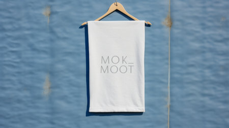 an outdoor towel hanging from a wooden rack, featuring minimalist typography and captured on kodak ektar 100 film. the towel appears smooth and shiny, complemented by the m42 mount. the image showcases minimalist cartooning and elegant clothing, with a light white and silver color scheme. ai generatedの素材