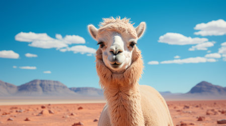 an alpaca stands in the desert, showcasing its expressive face. the desert field surrounding it creates a contrasting backdrop of light amber and sky-blue hues. the photograph captures a surprisingly absurd moment, with a touch of pop-culture infusion. shot on fujifilm velvia, the image is artistically rendered by thechamba, with an added touch of rtx on. ai generatedの素材