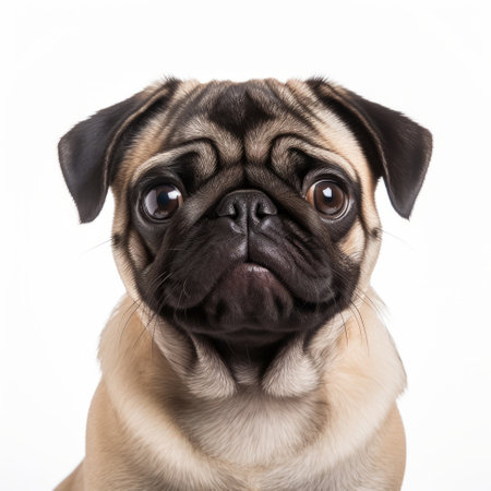 a close-up of a brown pug dog with an upward gaze, captured in a studio photography style using a graflex speed graphic camera. the dog is set against a white background, creating a symmetrical composition. the emotional gestures of the pug are highlighted, reminiscent of the group f64 movement. the image also features vignetting for added visual impact. ai generatedの素材