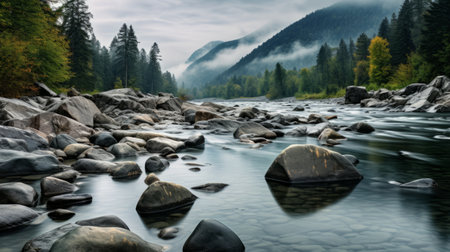 river flowing over moss-covered rocks, surrounded by misty trees, creates a serene and romantic riverscape. the light gray and dark emerald tones add a touch of elegance to this outdoor scene, reminiscent of the works of aleksandr deyneka. the mountainous vistas and calming symmetry further enhance the beauty of this agfa vista photograph. ai generatedの素材