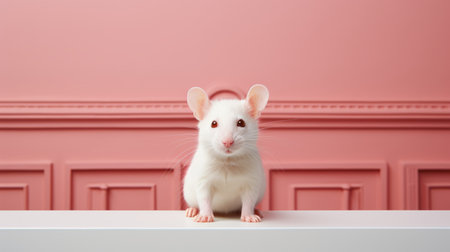 a white rat, reminiscent of the artistic styles of matthias haker, petrina hicks, and jean fouquet, is captured in this photograph. the rat is sitting on a vibrant red pedestal, contrasting beautifully with its pink fur. with scientific accuracy and minimalistic elegance, the rat's smooth and shiny appearance is accentuated, particularly its shiny eyes. ai generatedの素材