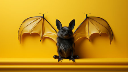 a bat silhouette is captured against a vibrant yellow background, contrasting with a yellow cat also on a yellow background. this surreal still life composition, created using daz3d software, features minimal retouching and showcases detailed costumes. the macro photography highlights the dark black and orange tones, while the overall aesthetic is influenced by pop-inspired installations. ai generatedの素材