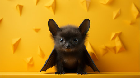 a baby bat perched on the floor, its wings raised against an orange wall. this quirky portrait captures the cute and colorful essence of the bat, with elaborate costumes and a minimalist photography style. the dark crimson and yellow hues, along with the soft-focus technique achieved through vray tracing, add a unique touch to this captivating image. ai generatedの素材