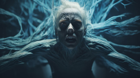 the photo features a blue old creature in shock, with hands on top of its head. the image is in the style of hyper-realistic sci-fi, created by alessio albi using bryce 3d software. the photo has minimal retouching, giving it a grainy and tenebrous appearance. the bold and dynamic lines add to the overall impact of the image, created by andrew ferez. ai generatedの素材