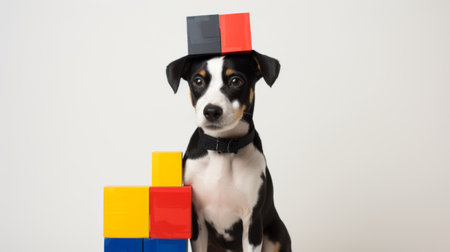 claudio, the dog, is seen wearing a hat adorned with building blocks against a white background. the image showcases influences from the de stijl movement, with its innovative techniques and precisionism influence. it also serves as a critique of consumer culture, with bold saturation and a uniform staging. the photo is captured with iso 200, resulting in a visually striking composition. ai generatedの素材