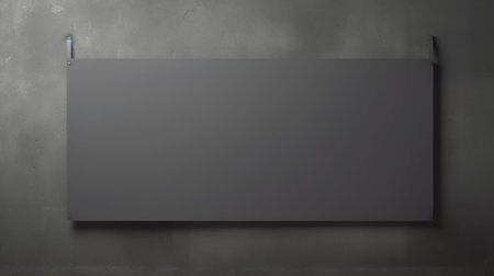a panoramic-scale piece of artwork, in the style of flat backgrounds, hangs gracefully over a smooth, dark gray concrete wall. the industrial and product design elements are evident in the thin steel forms that adorn the artwork. the matte photo finish adds a touch of sophistication to this captivating composition. ai generatedの素材