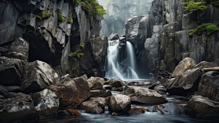 the waterfall, composed of rocks at a lower level and a cliff, showcases a dark and moody landscape. this stunning image captures the essence of scottish landscapes, with its high resolution and smooth, shiny appearance. it is a photographic source that exudes a sense of tranquility and beauty. ai generatedの素材